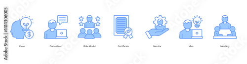 Mentorship icon sheet vector ideas, consultant, role model, certificate, mentor, idea, meeting