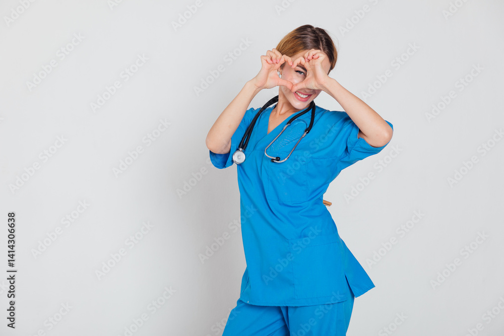 Woman Doctor With Stethoscope In Hospital Showing Hand Heart Woman Doctor With Stethoscope In Hospital Showing Hand Heart
