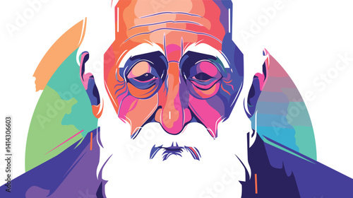 Colorful abstract portrait of mature caucasian male with beard flat vector illustration