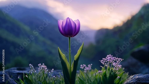 Solitary purple tulip blooms amidst mountain rocks at sunset