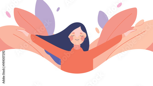 Illustration of young female with outstretched arms and colorful leaf background flat vector illustration