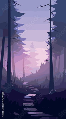 Enchanting forest path at dusk with purple and pink twilight sky flat vector illustration