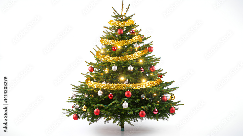 Decorated green fir christmas tree with star and balls is a festive holiday celebration present Decorated green fir christmas tree with star and balls is a festive holiday celebration present