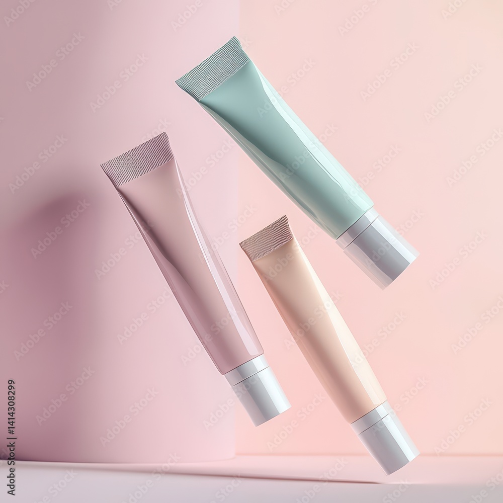 Three elegant tubes of cream in pastel colors arranged against a soft pink backdrop showcasing beauty product packaging design Three elegant tubes of cream in pastel colors arranged against a soft pink backdrop showcasing beauty product packaging design