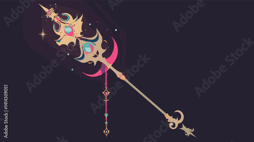 Magical fantasy staff with ornate design and gemstones flat vector illustration