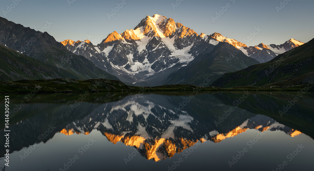 Fototapeta premium Mountains Reflected in Lake Water at Sunset Natural Landscape Scene