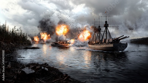 Wallpaper Mural Naval battle explodes on a stormy river Torontodigital.ca