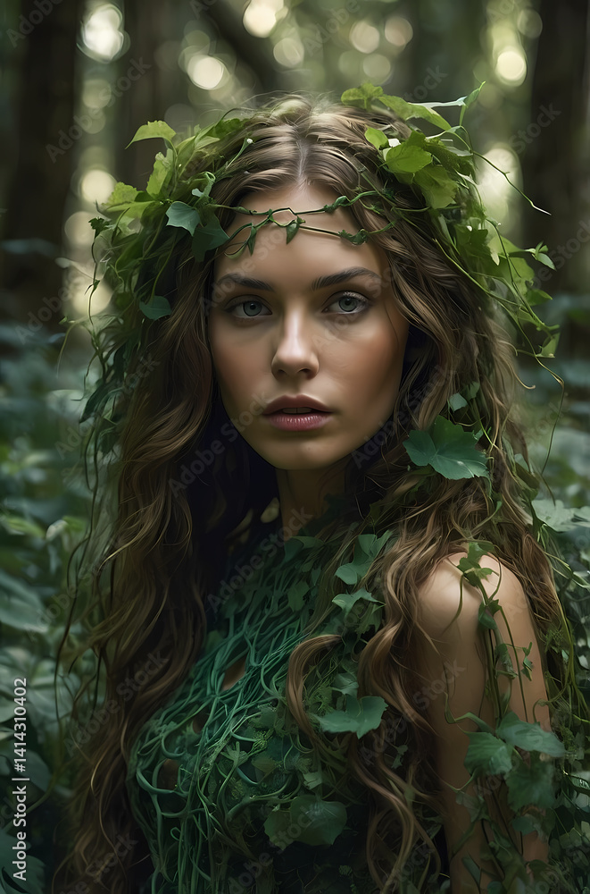 Ethereal Forest Nymph Portrait: Nature-Inspired Fashion and Mystical Woods Setting with Model in Vines and Greenery for Bohemian Fantasy Character Design and Enchanted Woodland Aesthetics Ethereal Forest Nymph Portrait: Nature-Inspired Fashion and Mystical Woods Setting with Model in Vines and Greenery for Bohemian Fantasy Character Design and Enchanted Woodland Aesthetics