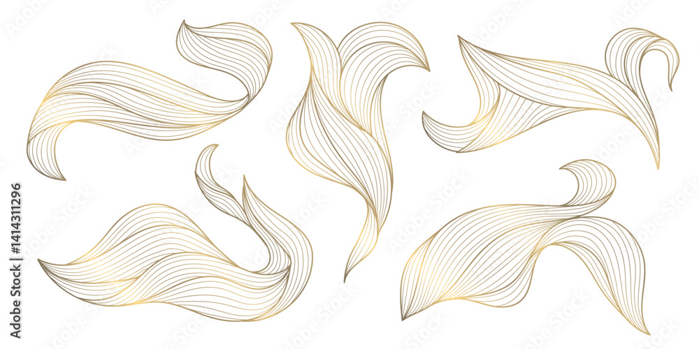 Fototapeta premium Vector set of abstract line wave elements, art deco golden swirl luxury shapes, leaves, flow water templates. Elegant modern design glitter ornaments