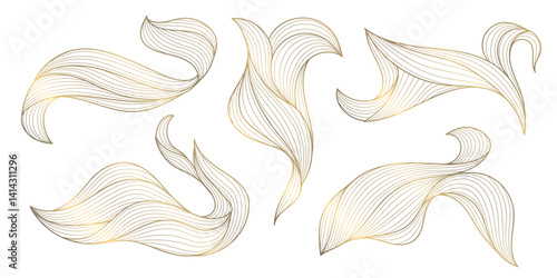 Vector set of abstract line wave elements, art deco golden swirl luxury shapes, leaves, flow water templates. Elegant modern design glitter ornaments