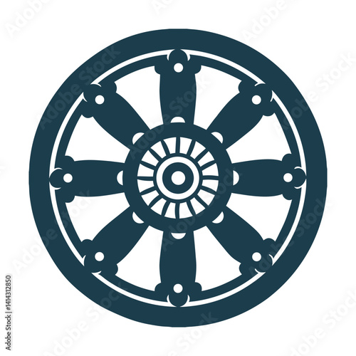 Dharmachakra Wheel of Dharma Simple Vector Icon Dharmachakra Wheel of Dharma with 12 spokes (symbolizing vows), centered inside a circle of 24 Tirthankaras.