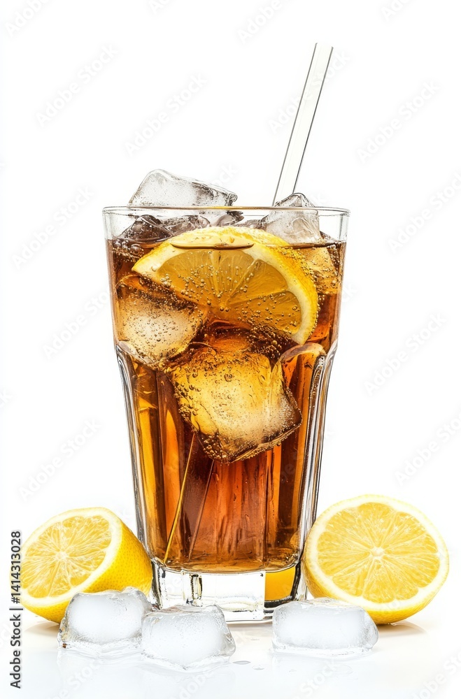 A glass of sweet tea with ice and lemon, with white straw, isolated on a white background A glass of sweet tea with ice and lemon, with white straw, isolated on a white background
