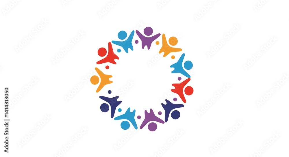 Illustration of a circle of colorful, stylized people holding hands up. Illustration of a circle of colorful, stylized people holding hands up.