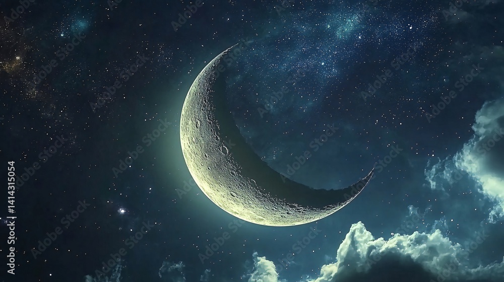 Crescent moon night sky cloudscape, dreamy background, fantasy art Crescent moon night sky cloudscape, dreamy background, fantasy art