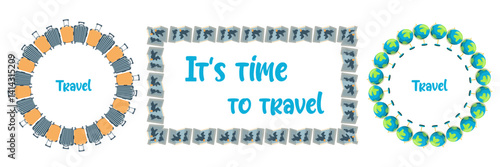Travel-themed frame illustration with globes, world maps, suitcases, and travel icons. Flat vector style, isolated on white background. Perfect for vacation designs, travel agency posters