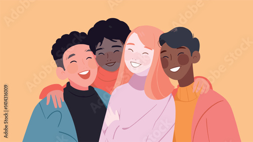 Diverse friends smiling together - teen group of caucasian and african descent flat vector illustration