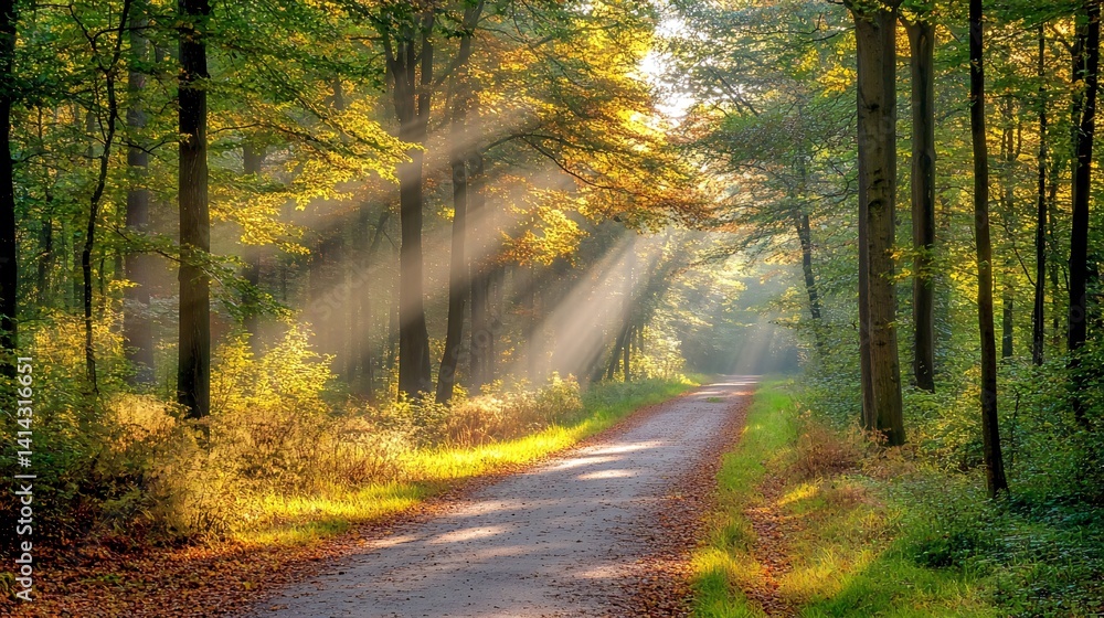 Sunbeams through autumn forest path; peaceful nature scene, ideal for calendars or travel brochures Sunbeams through autumn forest path; peaceful nature scene, ideal for calendars or travel brochures