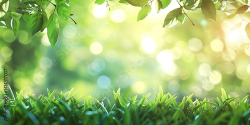 Green grass with sunset views. The banner is green foliage and grass. A bokeh background with an empty space for advertising. Natural grass background with blurred bokeh and sun.