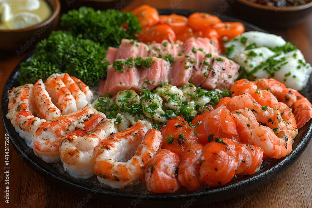 Fresh Seafood Platter with Tuna, Shrimp, and Garnishes for Gourmet Dining Fresh Seafood Platter with Tuna, Shrimp, and Garnishes for Gourmet Dining