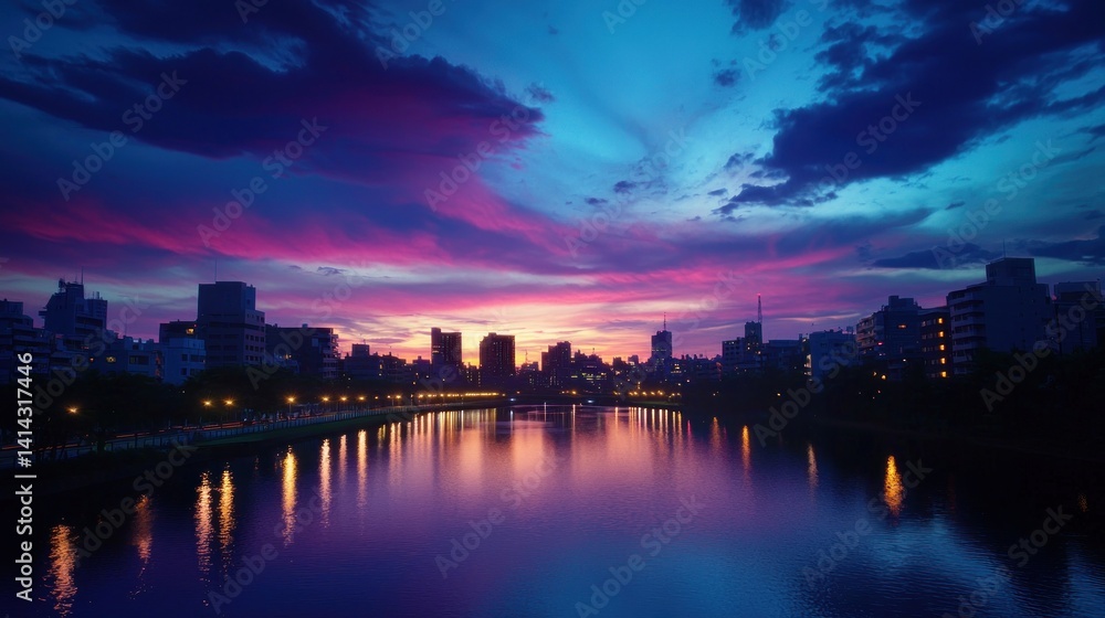 Fototapeta premium Colorful Sunset over City Reflecting in Calm River