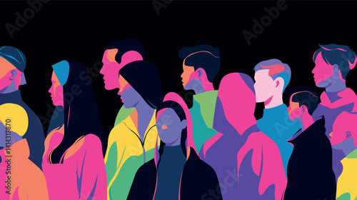 Colorful silhouettes of diverse young adults in abstract art style flat vector illustration