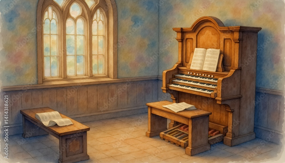 Fototapeta premium church interior with organ and pews warm tones