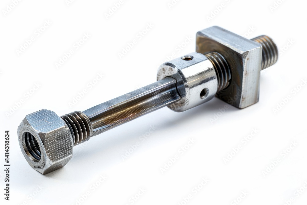 A close-up displays a metallic bolt and nut, highlighting their intricate design and smooth finish isolated on transparent background A close-up displays a metallic bolt and nut, highlighting their intricate design and smooth finish isolated on transparent background