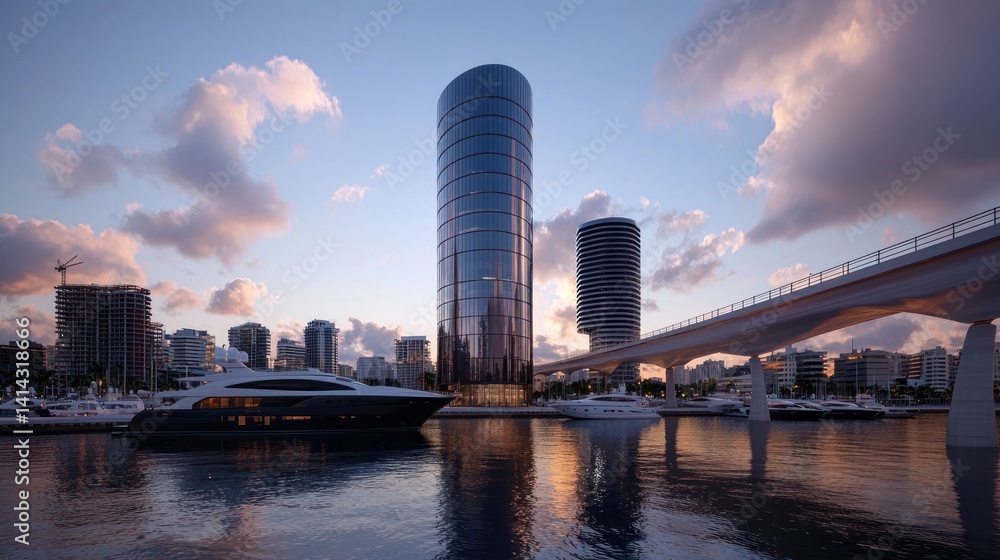 Fototapeta premium Modern skyscraper at marina sunrise cityscape