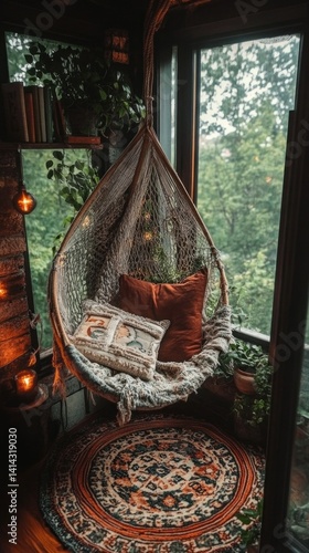 A cozy reading nook showcases a hammock chair adorned with cushions, surrounded by layered textiles, books, and potted plants, all enjoying a serene view outdoors