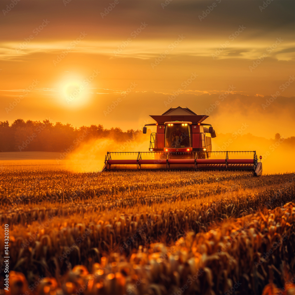 Fototapeta premium Сombine harvester harvests field of ripe wheat ears on backdrop of dramatic sunset sky. Rays of sun break through clouds. Harvesting. Weather is conducive to agriculture work. Copy space for text.