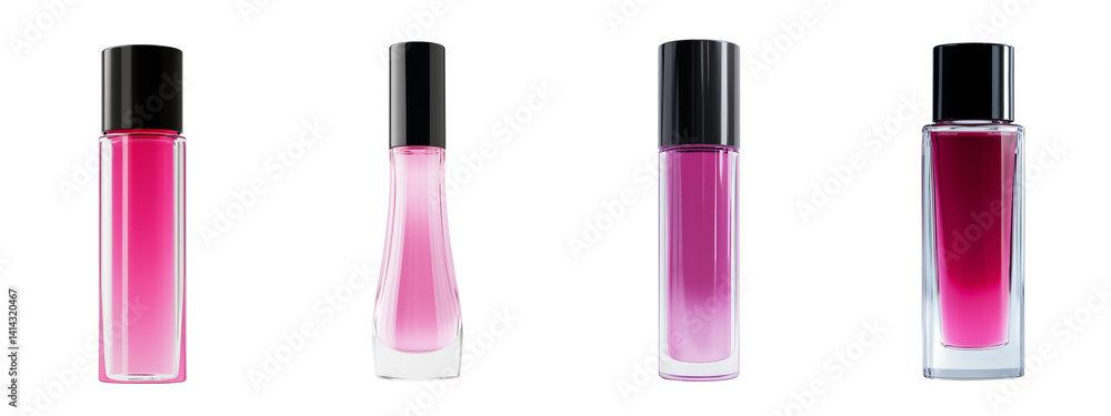Set of pink lip gloss in a glass bottle with a black cap, isolated on a transparent background. Set of pink lip gloss in a glass bottle with a black cap, isolated on a transparent background.
