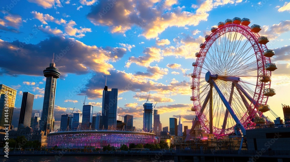 Obraz premium City skyline sunset Ferris wheel cityscape