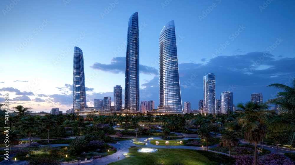 Fototapeta premium Dubai futuristic skyscrapers, twilight cityscape, park landscape, architectural design