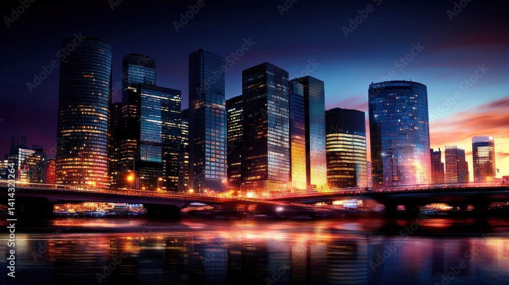 Fototapeta premium Illuminated city skyline at twilight reflecting on water