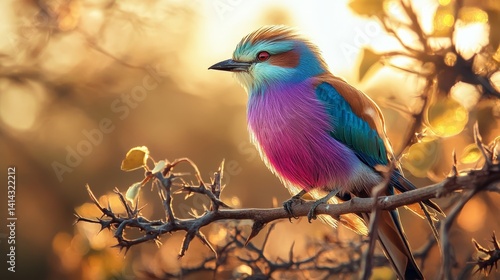 Colorful bird perched on a thorny branch in a warm light setting.