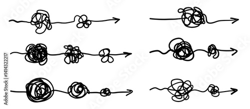 Chaos simple line arrow hand drawn doodle set. Minimalistic difficulty solution business idea sketch collection. 