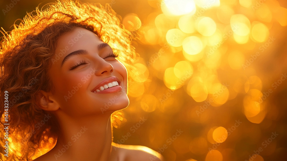 Fototapeta premium A cute girl is smiling against the background of a golden bokeh. Luxury background of golden bokeh.A banner for advertising cosmetics. A snow-white smile and beautiful hair.