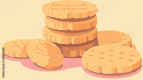 Stack of tasty golden cookies with engraved patterns on a pastel background flat vector illustration