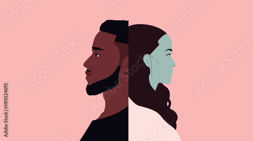 Profile view of diverse male african and female caucasian individuals on pink background flat vector illustration