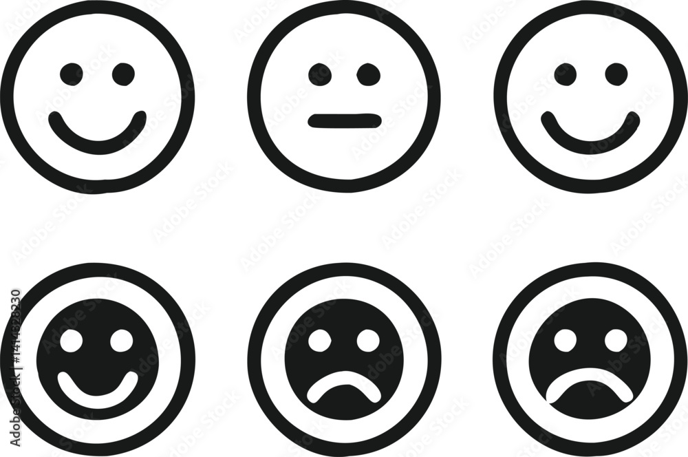 Set of Simple Black Line Emojis Representing Various Emotions Set of Simple Black Line Emojis Representing Various Emotions