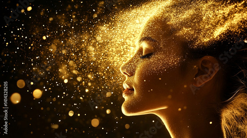 Woman face in golden glitter. Fashionable girl with curly hair on a background of gold dust golden bokeh with free space. AI Banner for advertising cosmetics and fashion. © Egor