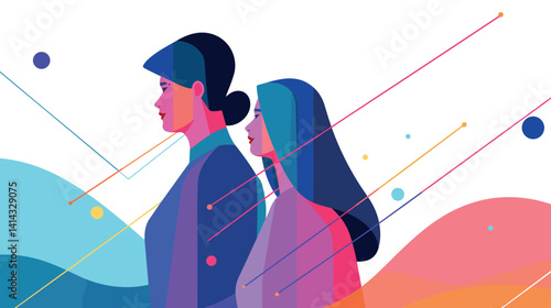 Abstract illustration of two diverse women in profile with colorful geometric background flat vector illustration