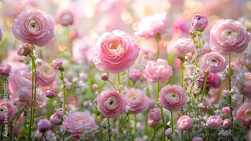 Delicate Pink Ranunculus Blossoms in a Spring Garden photo