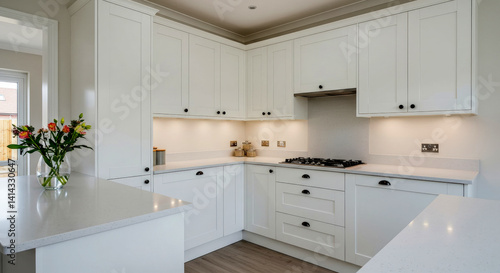 A general interior view of a new white fitted kitchen with black handles