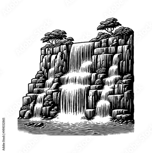 Engraved Illustration of Waterfall Cascading Down Rocky Cliff with Trees on Top in Black and White