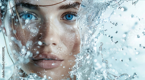 A girl in drops of water.Beautiful Young Woman with Clean Fresh Skin look away .Girl beauty face care. Facial treatment . Cosmetology , beauty and spa .