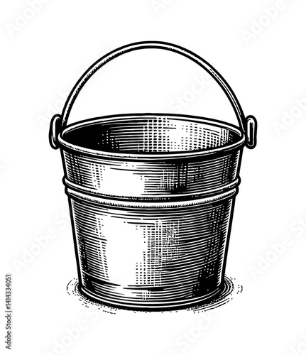 Detailed Black and White Engraving Style Illustration of a Metal Bucket with Handle