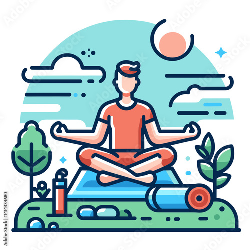 Person meditating outdoors on a yoga mat surrounded by nature in a vibrant illustration