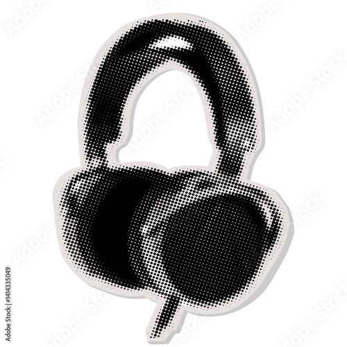 Headphones, halftone collage sticker. Fashionable music collage element. Modern retro grunge vector illustration with dots texture. Dotted photocopy on isolated background