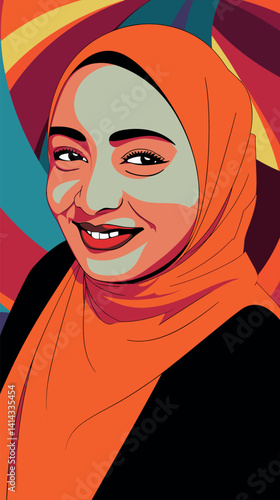 Asian female portrait wearing orange hijab with colorful abstract background flat vector illustration